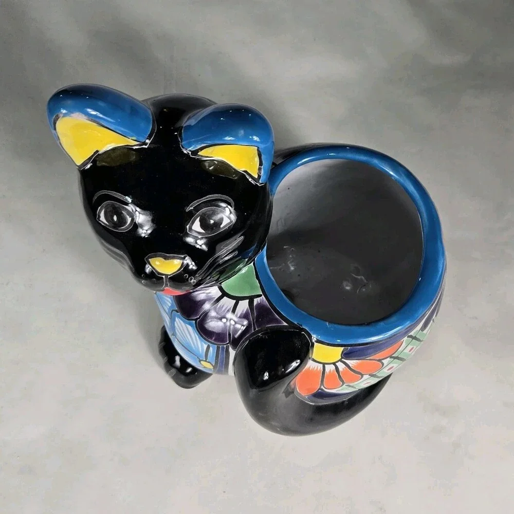 Talavera Cat PlanterMexican Pottery Art Hand Painted Pot 8.5